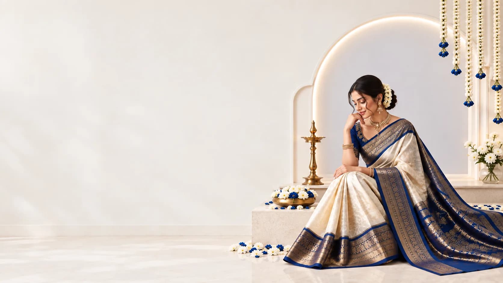 Model in an ivory silk saree with a royal blue and gold zari border