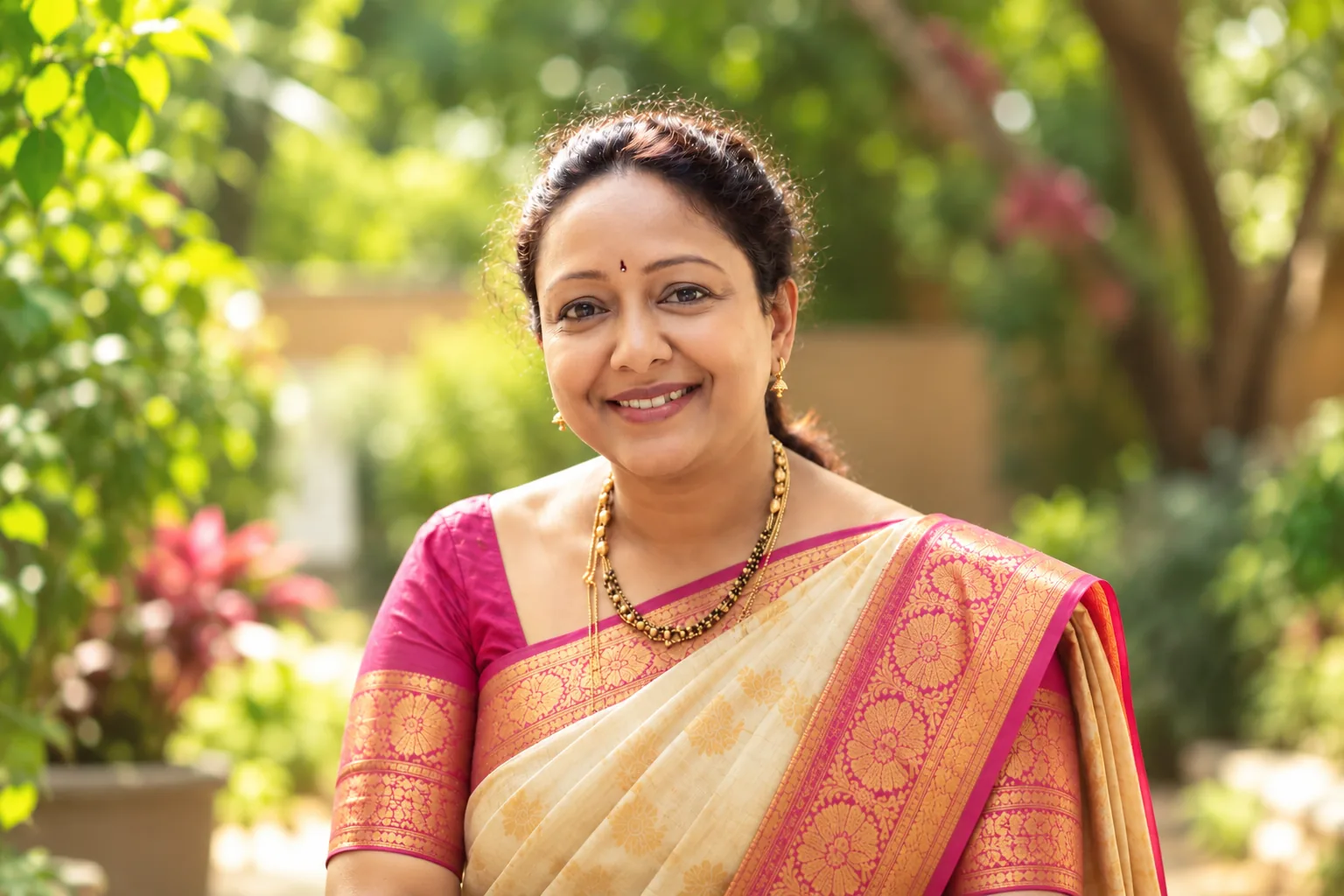 Potnuru Jyoti, founder of Jyoti Sarees, in a cream silk saree with a pink and gold border